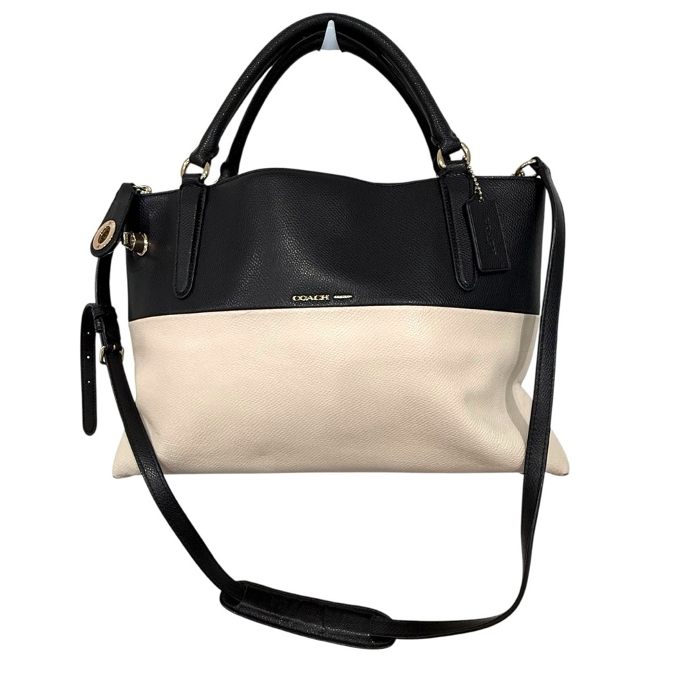 Coach Borough Black Ivory White Pebbled Leather Satchel Crossbody Bag